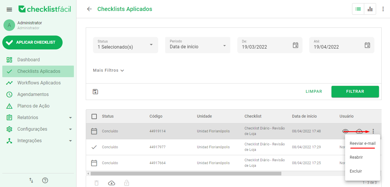 Menu de opções do checklist com destaque para reenviar e-mail