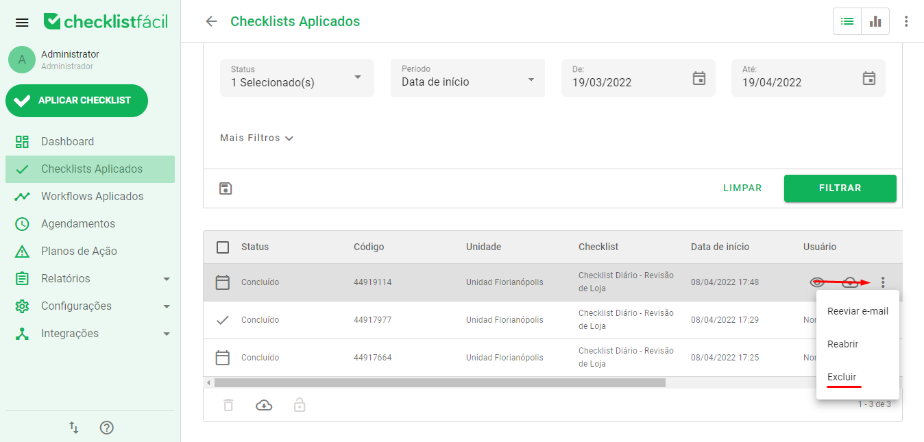 Menu de opções na listagem de checklists aplicados