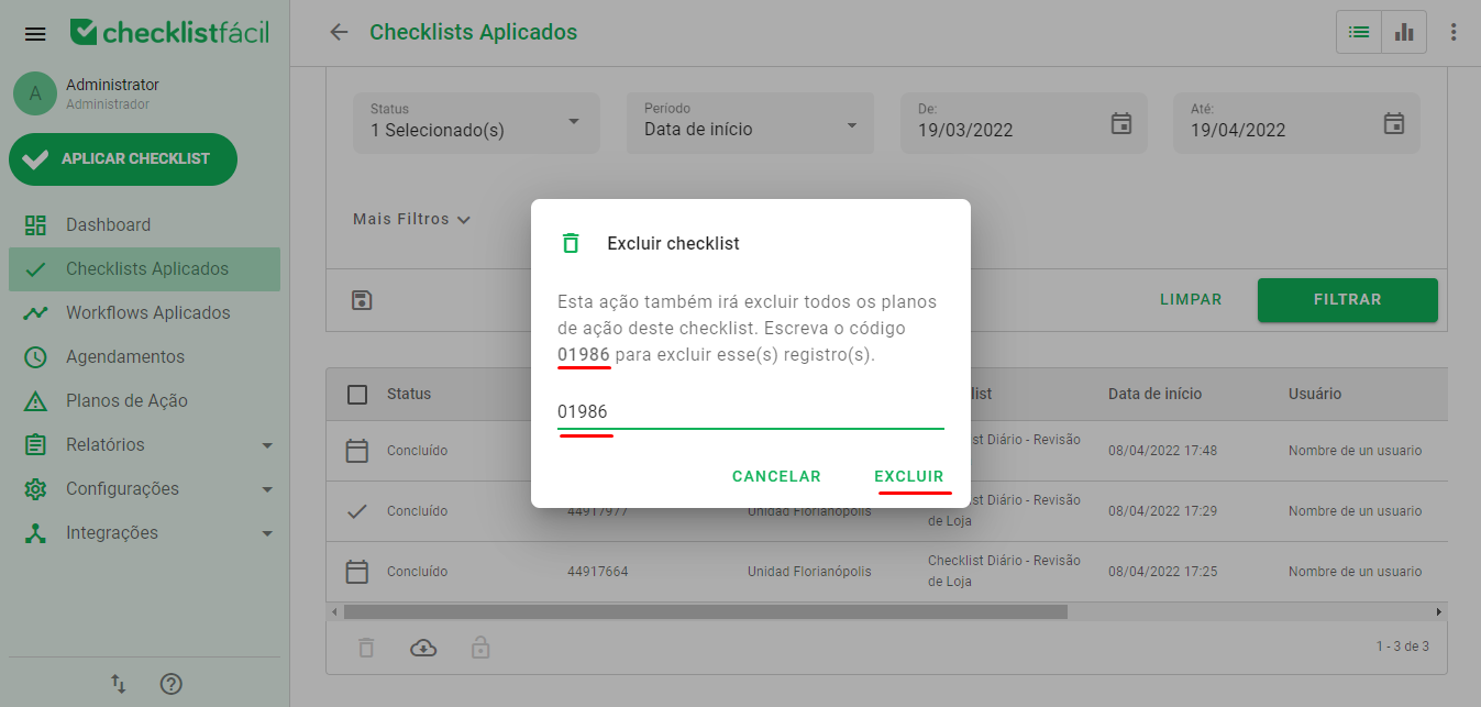 Janela de confirmação de exclusão com código numérico