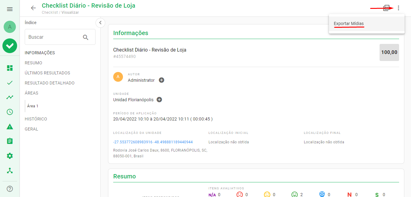 Menu de exportação dentro da avaliação