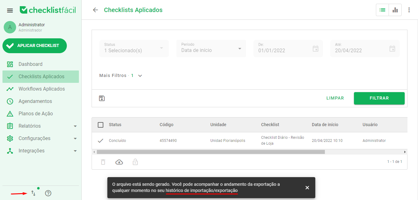 Localização do histórico de importação e exportação