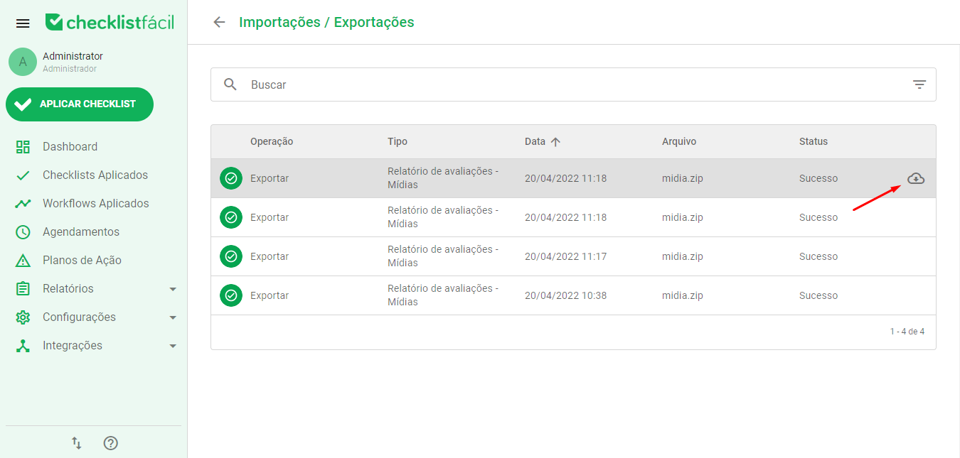 Botão para baixar o arquivo no histórico