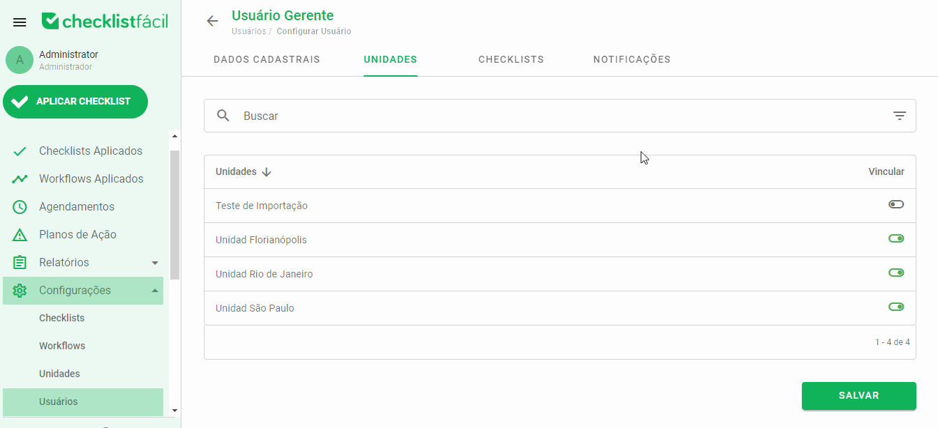 Edição de vínculos de usuário