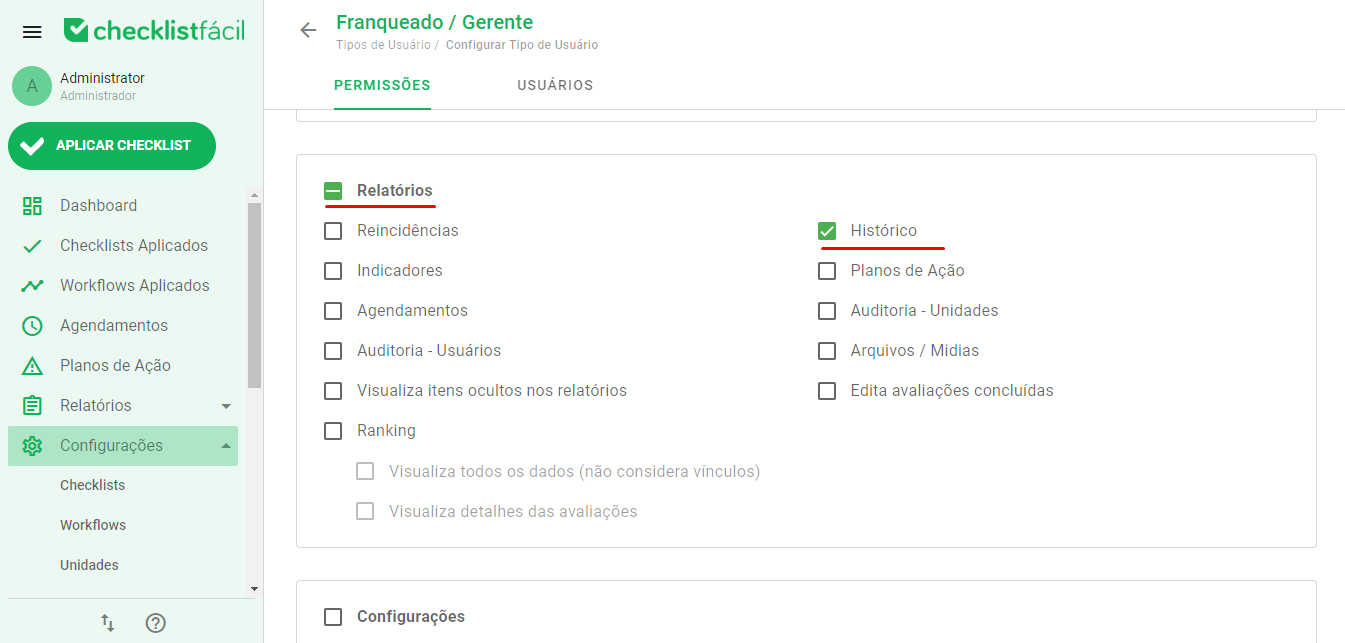 Permissões de relatórios