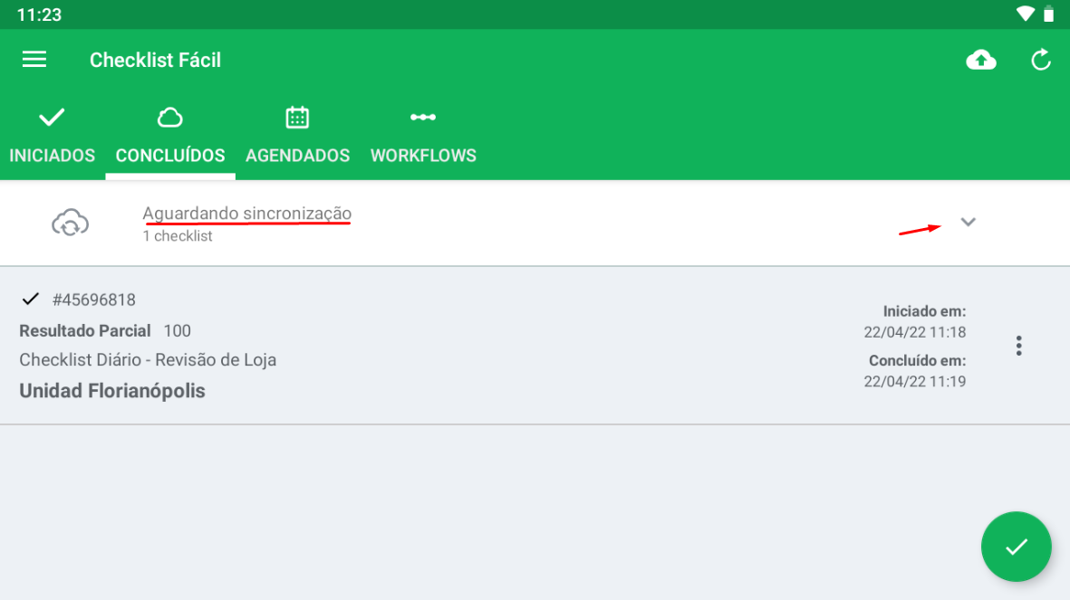 Aba Concluídos no aplicativo
