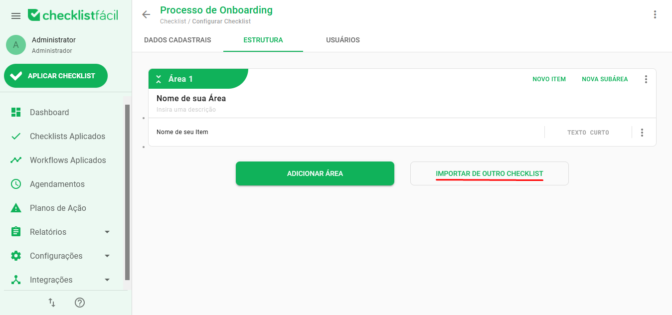 Botão importar de outro checklist