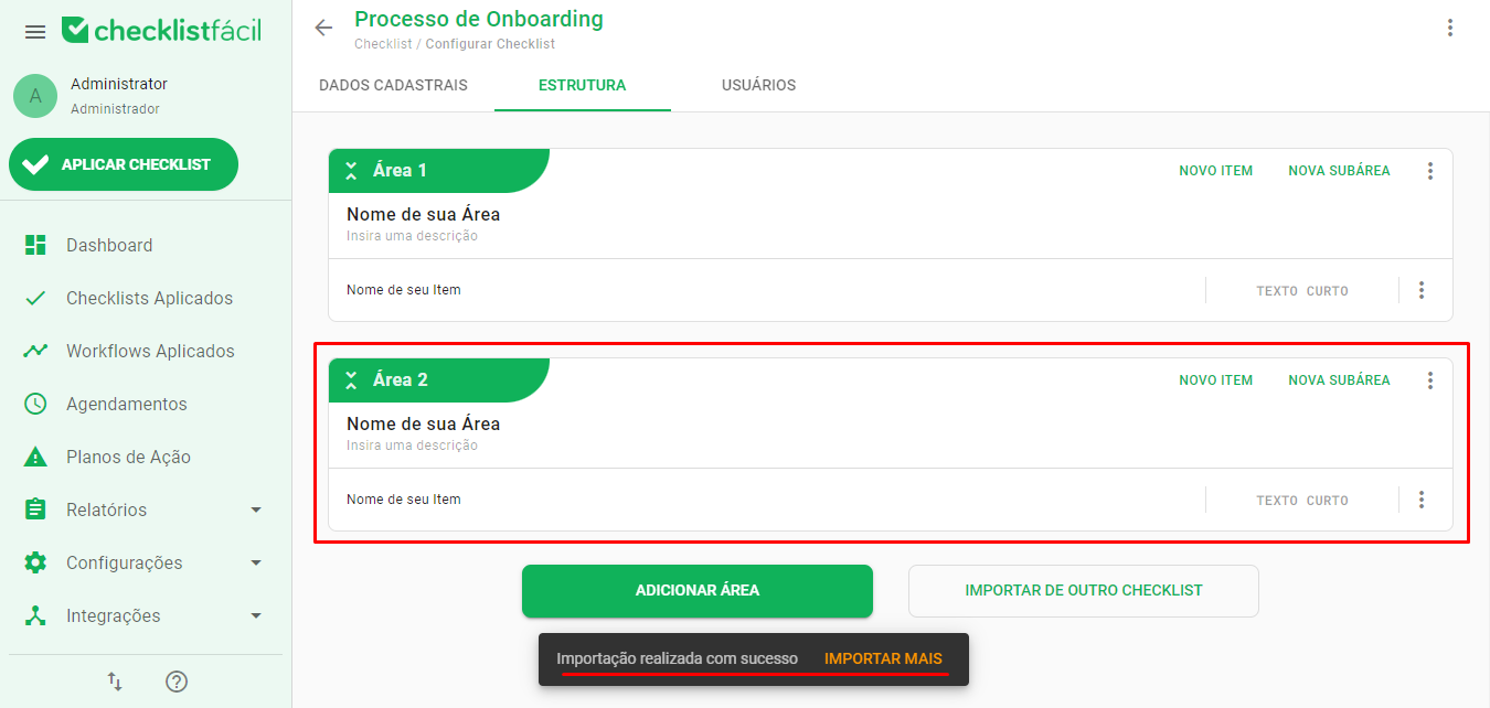 Resultado da importação na estrutura