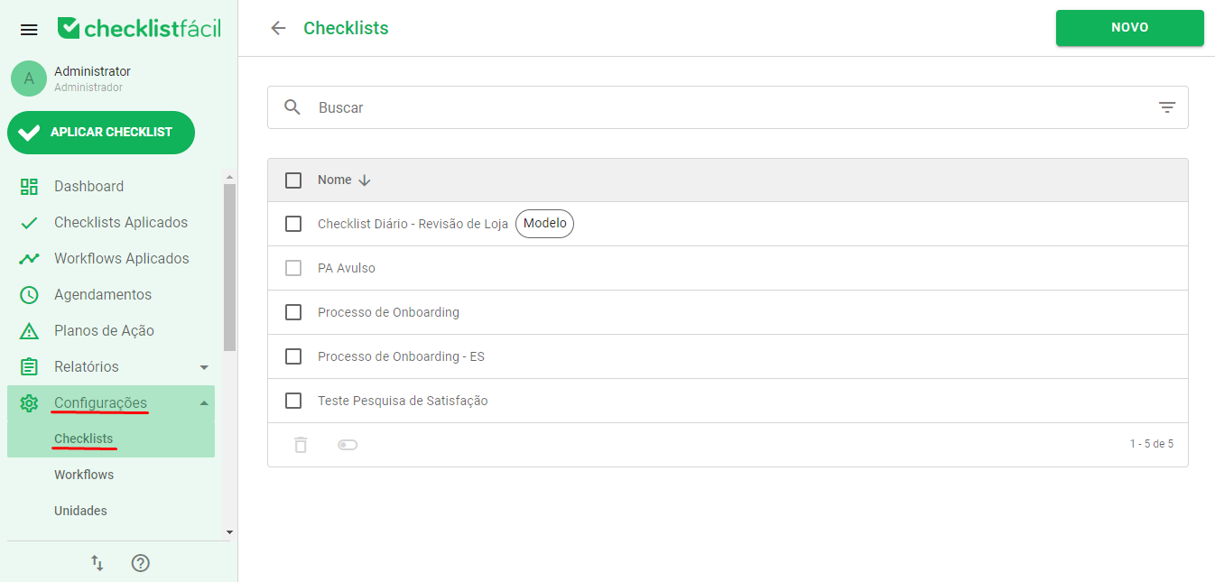 Tela de configurações de checklist
