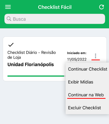 Menu de opções do app mostrando Continuar na Web