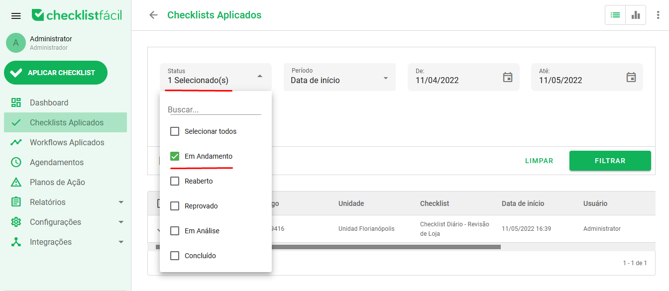 Filtro de status em andamento na web