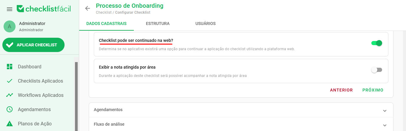Tela de configuração de dados cadastrais mostrando a opção de continuar na web