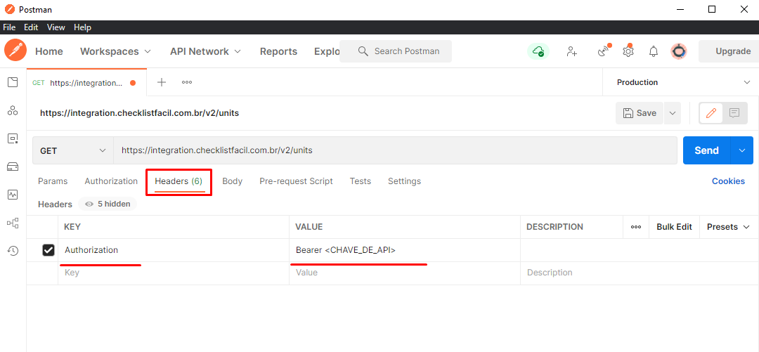 Configuração manual de cabeçalho no Postman