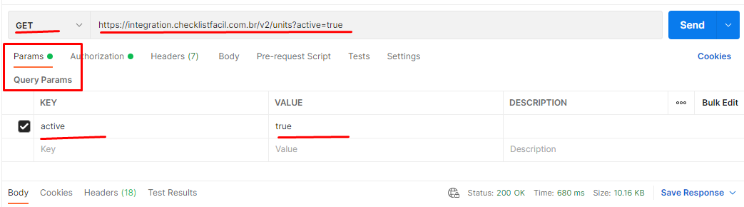 Postman example filtering active units