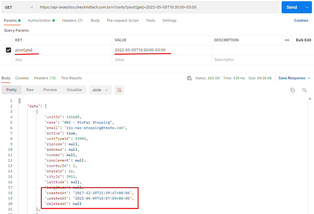 Example of request in Postman using Pivot filter