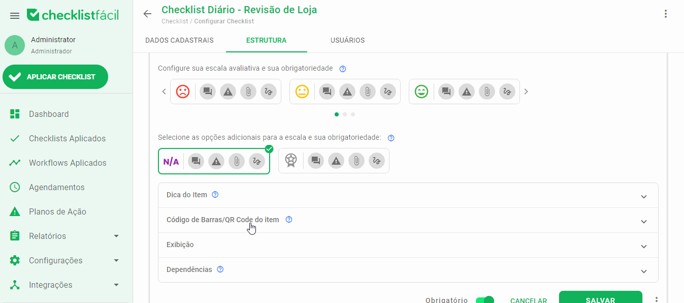 Configurando validação por código de barras