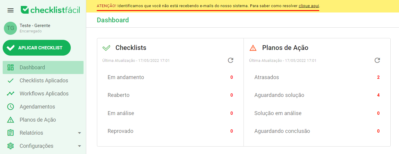 Aviso de bloqueio de e-mail no topo da tela