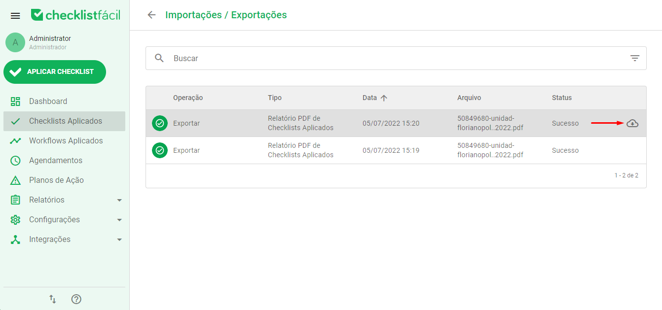 Botão de download do arquivo exportado