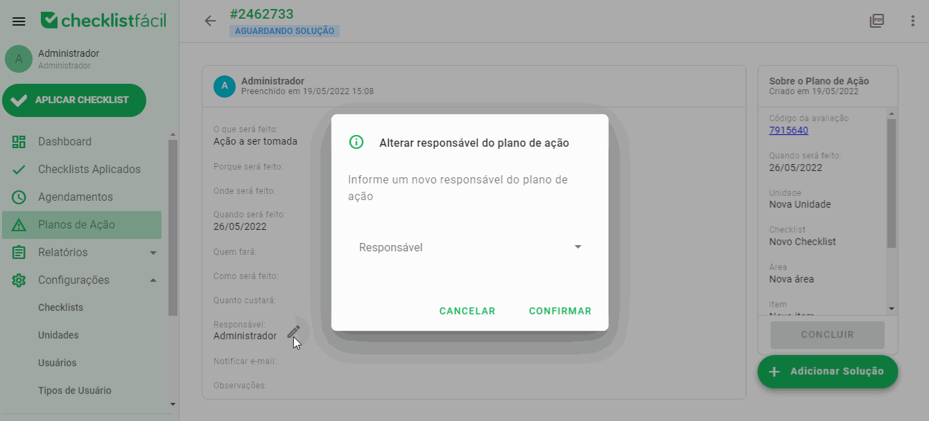 Alteração de responsável nos detalhes