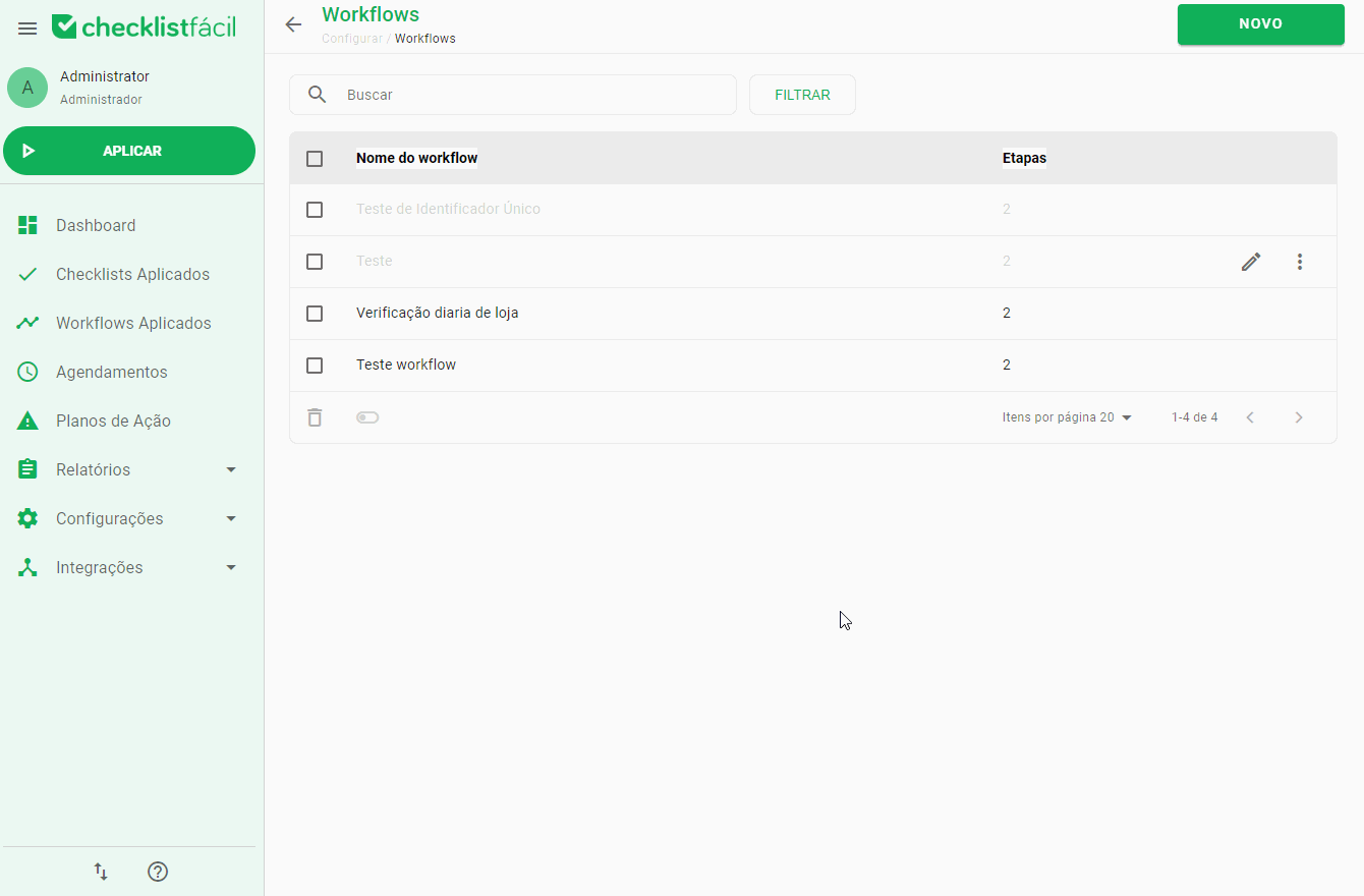 GIF mostrando a exclusão individual de um workflow