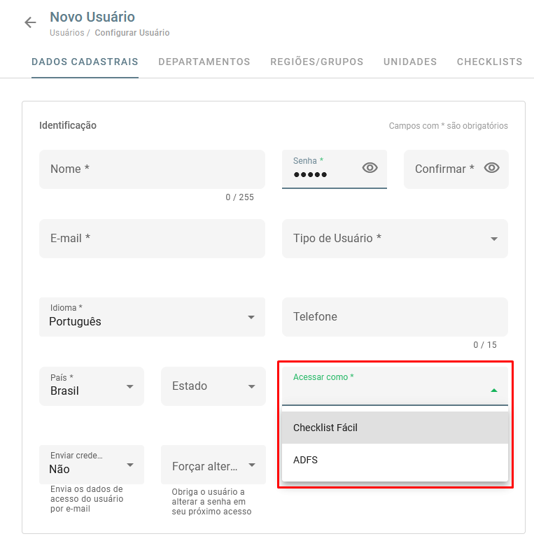 Definindo tipo de login no Checklist Fácil