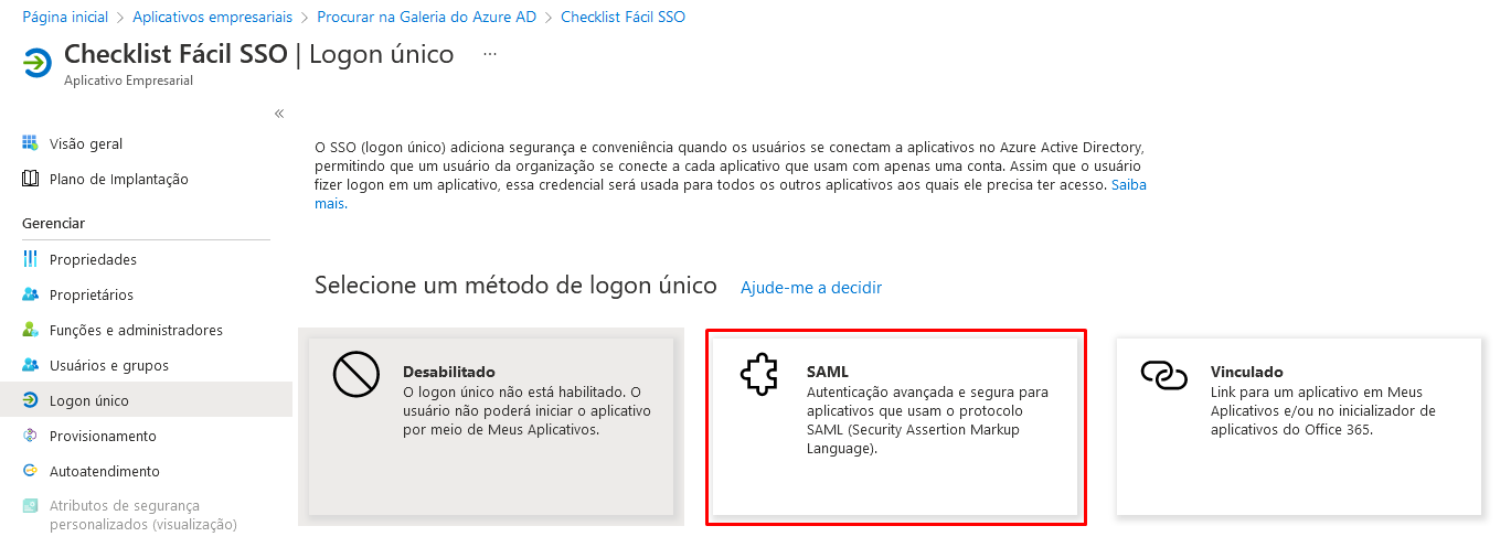 Selecionar método SAML no Azure