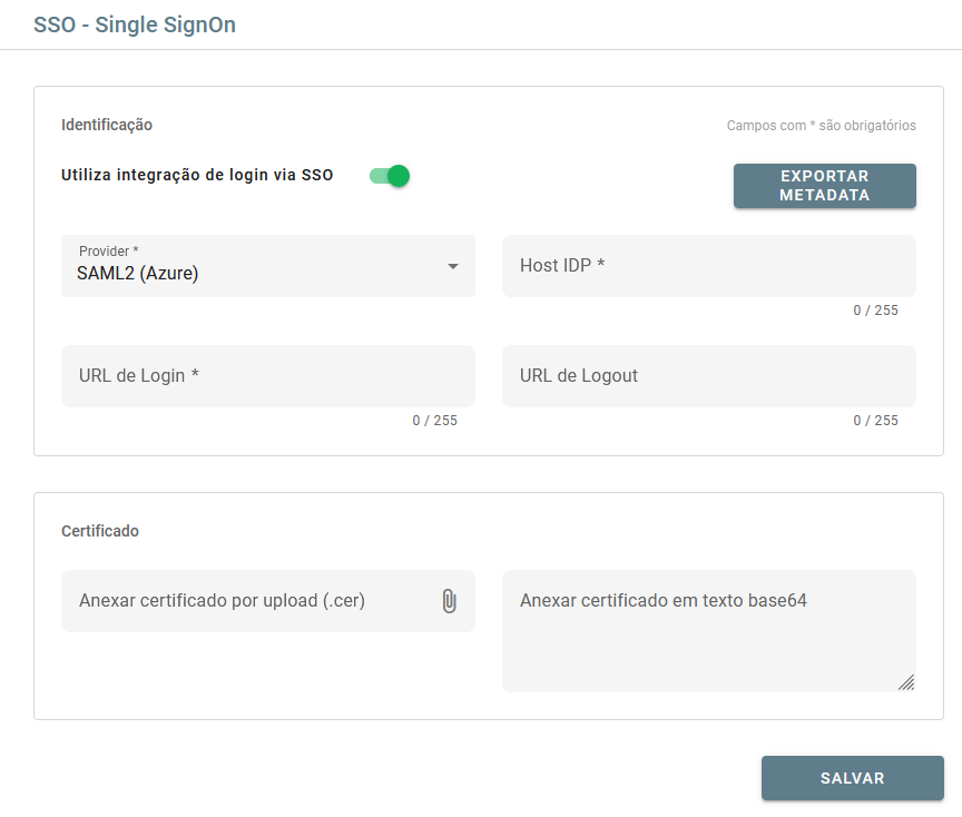 Tela de configurações de SSO