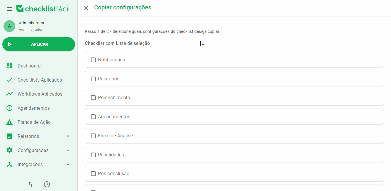 Gif demonstrando a seleção de opções e checklists de destino
