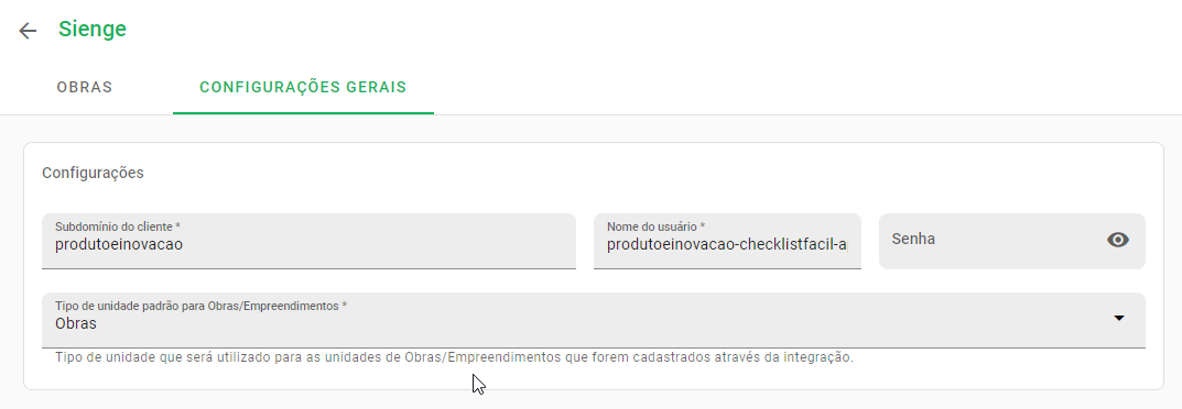 Menu de Integrações Sienge