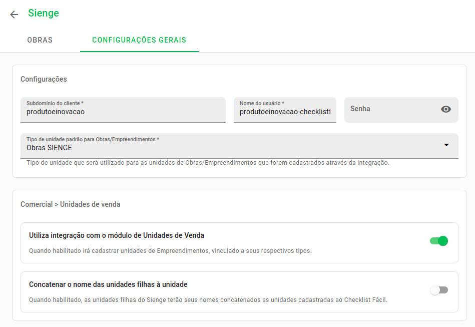 Tela de configuração de obras