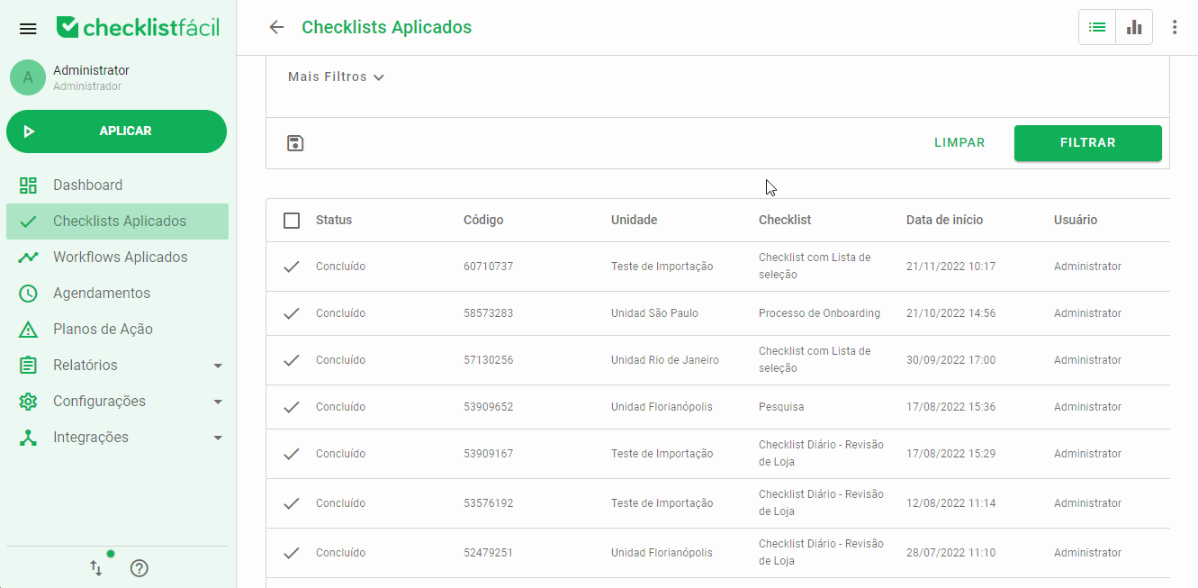 Gif mostrando a exportação de checklist