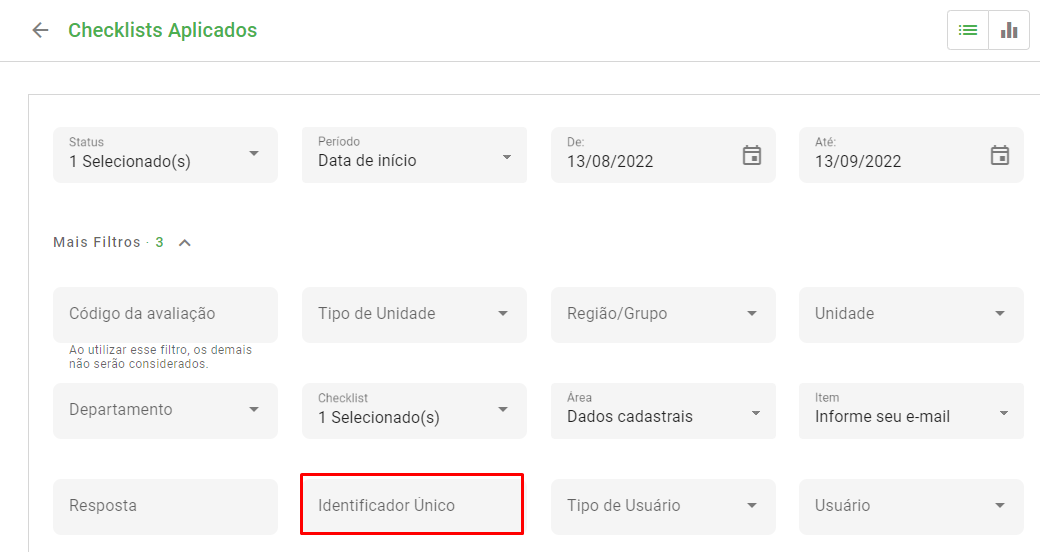 Tela de filtros mostrando o campo Identificador Único