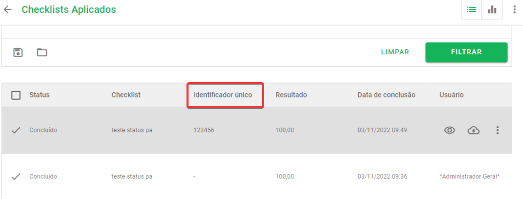 Tela de reorganizar colunas com o Identificador Único selecionado