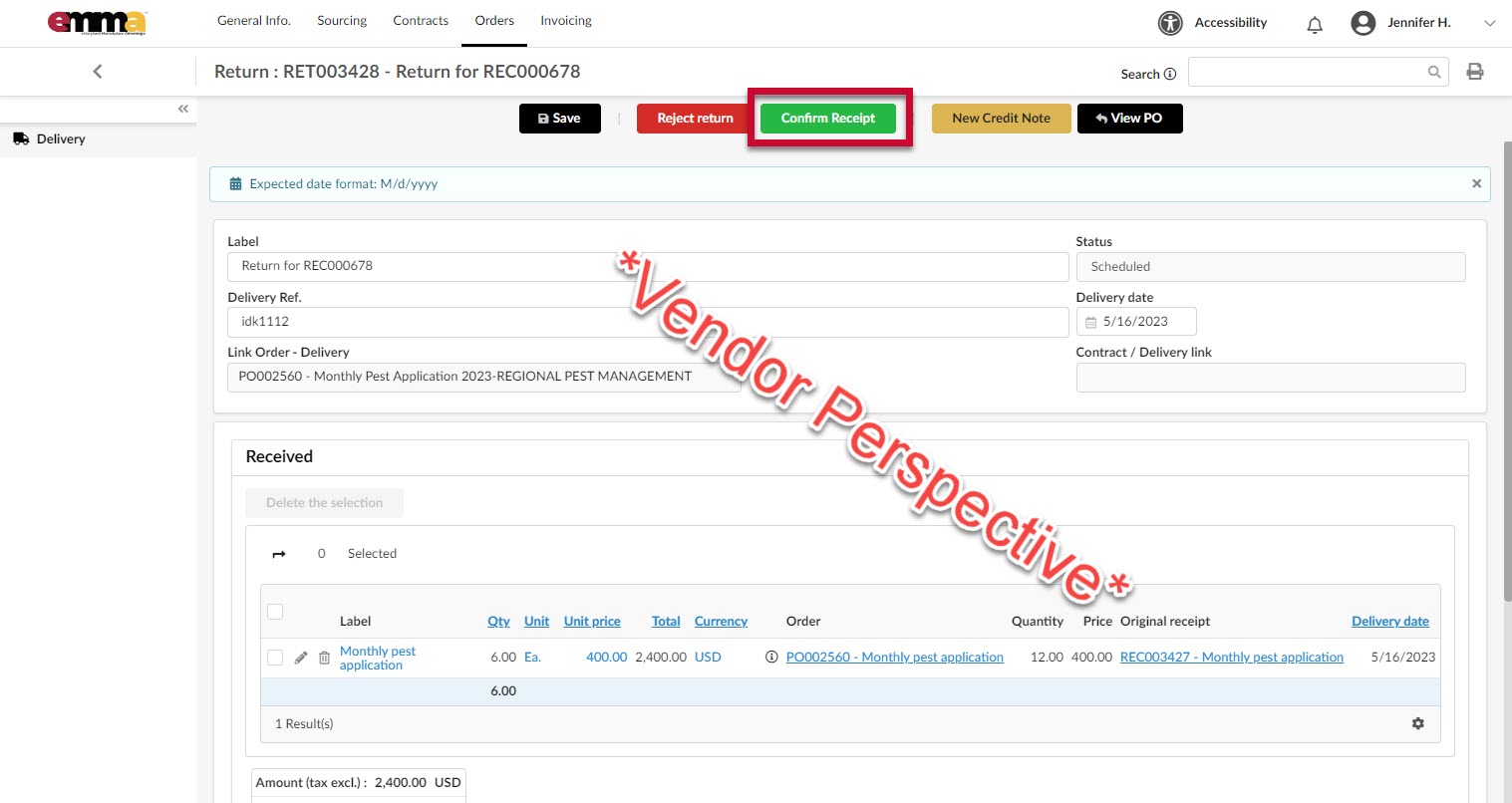 A Vendor's view of the Return and the Confirm Receipt button. 