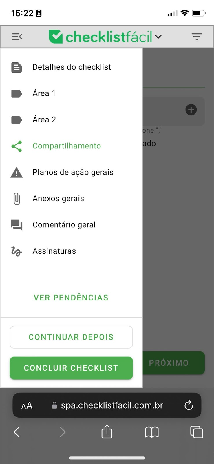 Imagem mostrando opção de abrir checklist na web