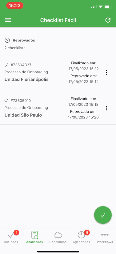 GIF mostrando como ver o motivo da reprovação no app