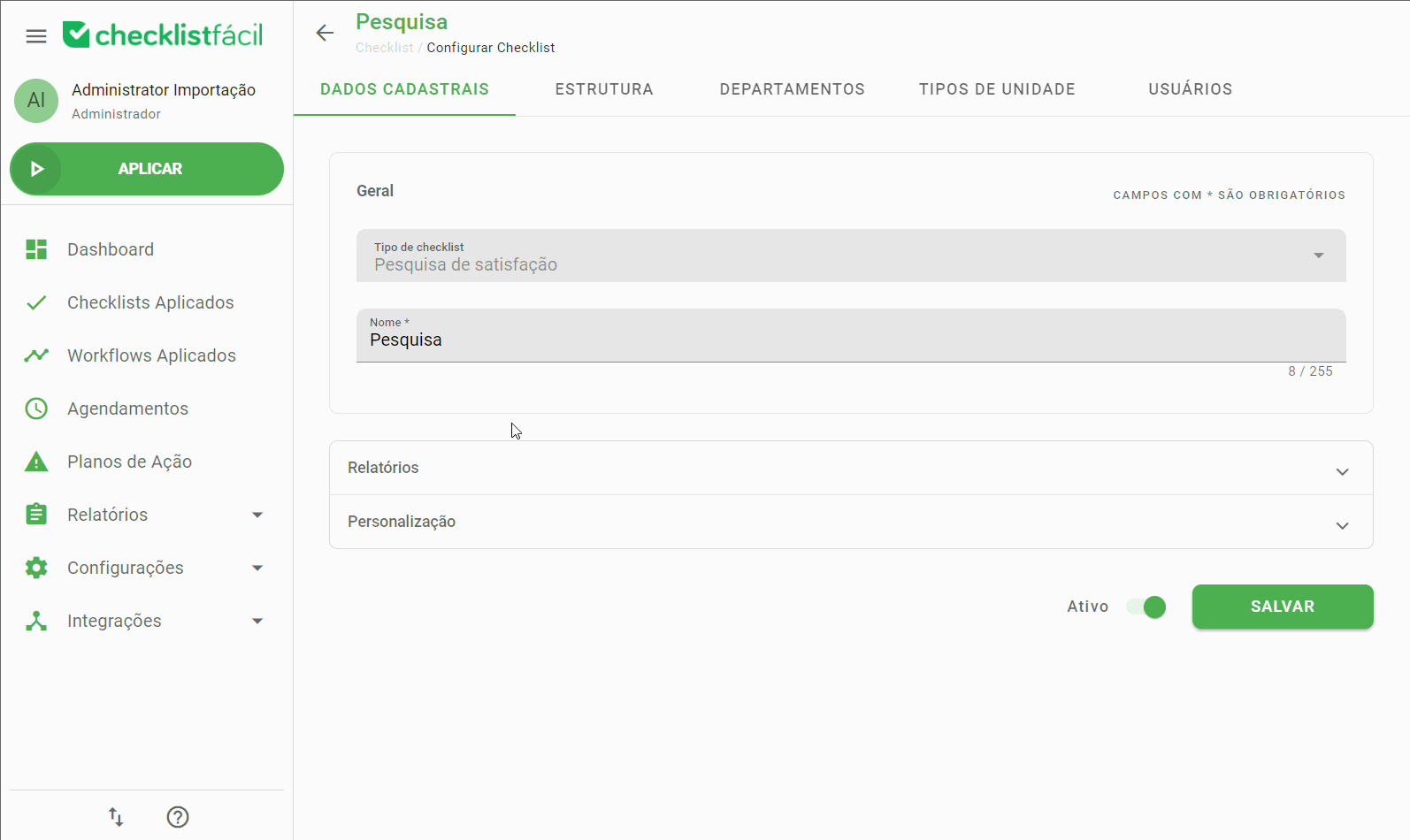 Demonstração da personalização de relatório