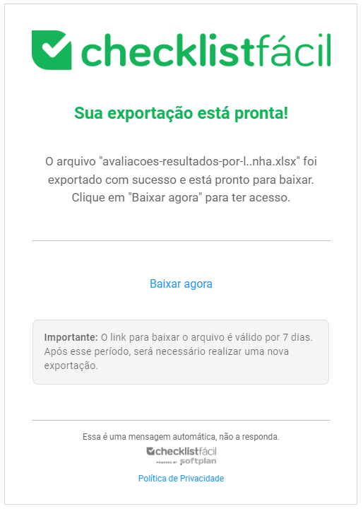 Exemplo de notificação de exportação no celular
