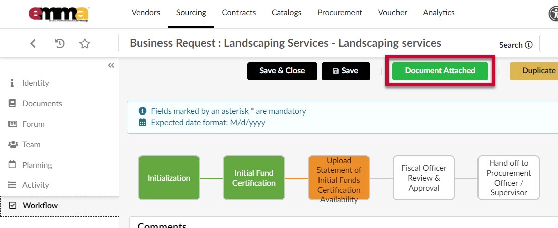 The Document Attached button at the top of the webpage. 