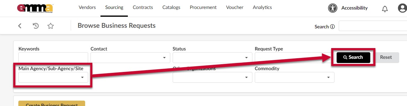 The Main Agency/Sub-Agency/Site field and the Search button. 