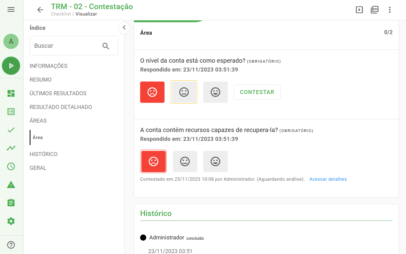 Imagem mostrando item reprovado antes da contestação