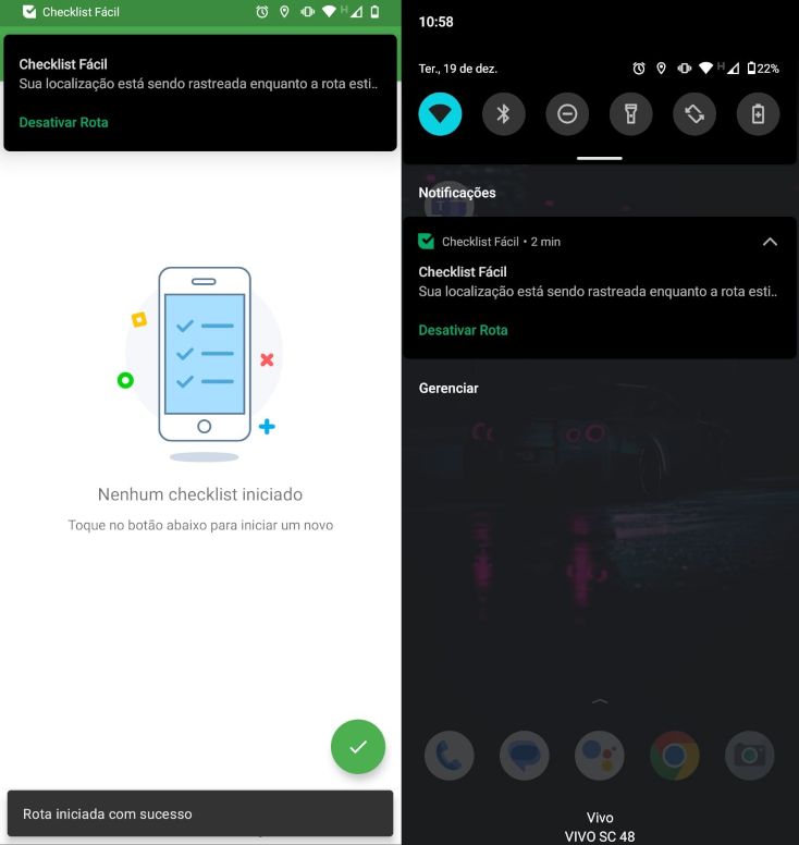 Notificação de rota iniciada