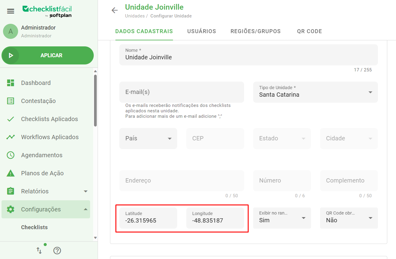 Tela de cadastro de unidade
