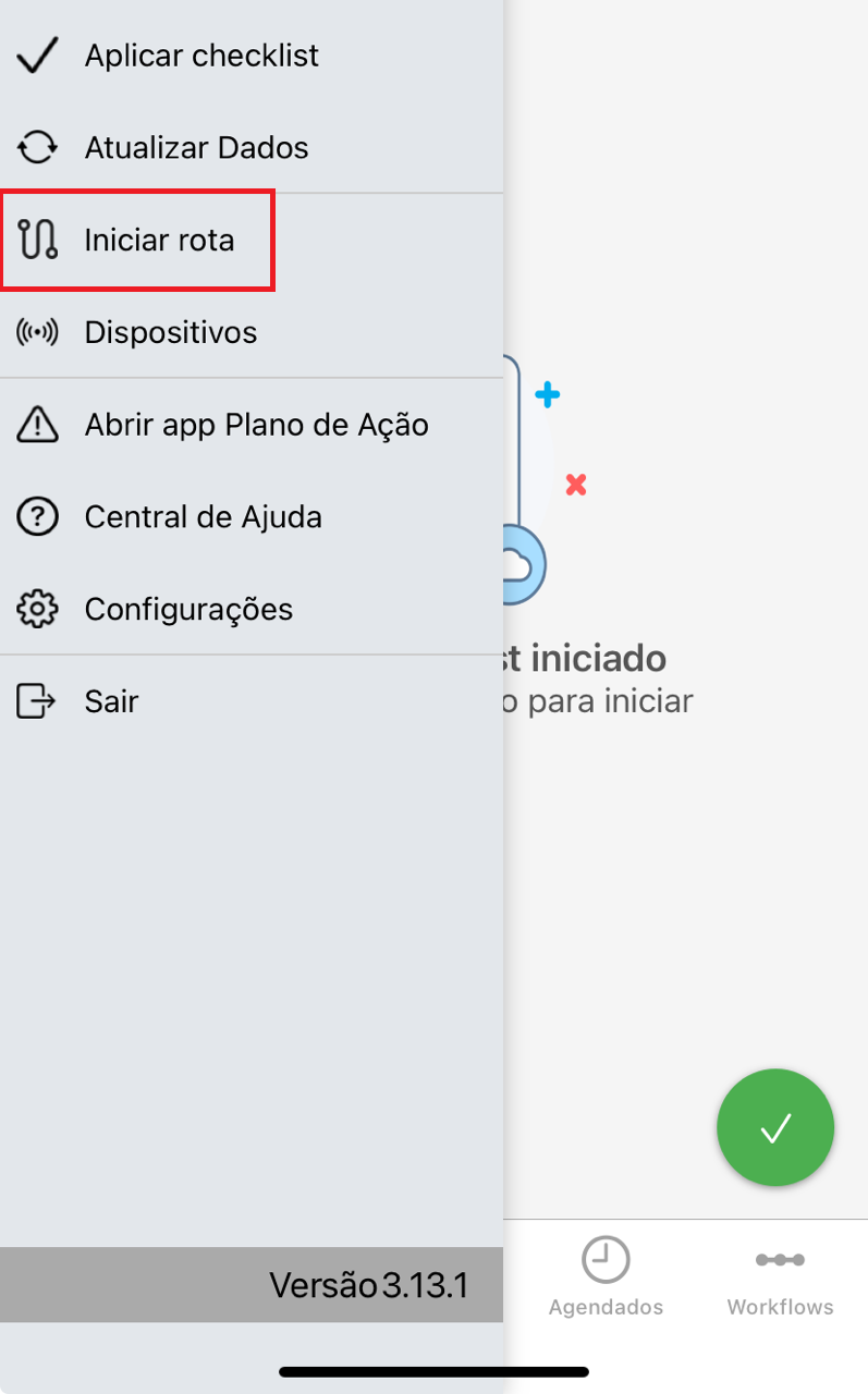 Menu iniciar rota no app