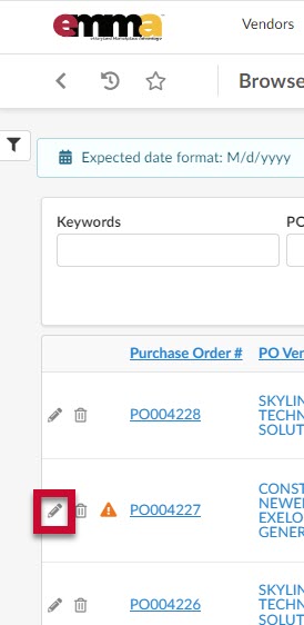 The Edit or pencil icon. Click to view the purchase order. 
