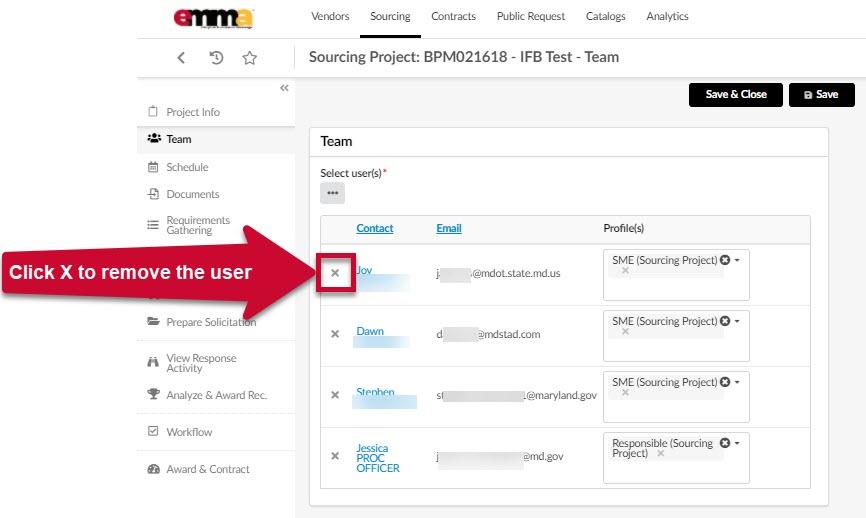 The X to remove a user on the Team page to the left of the user's name.