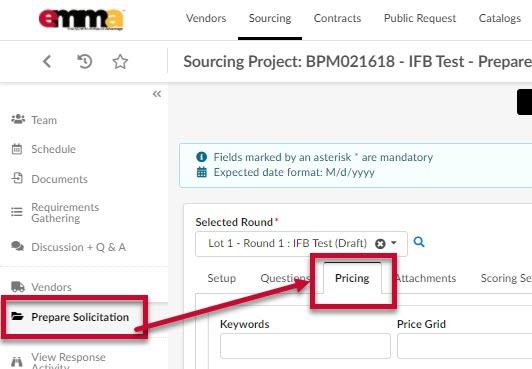 The Prepare Solicitation tab and the Pricing subtab.