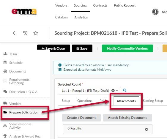 The Prepare Solicitation tab and the Attachments subtab. 