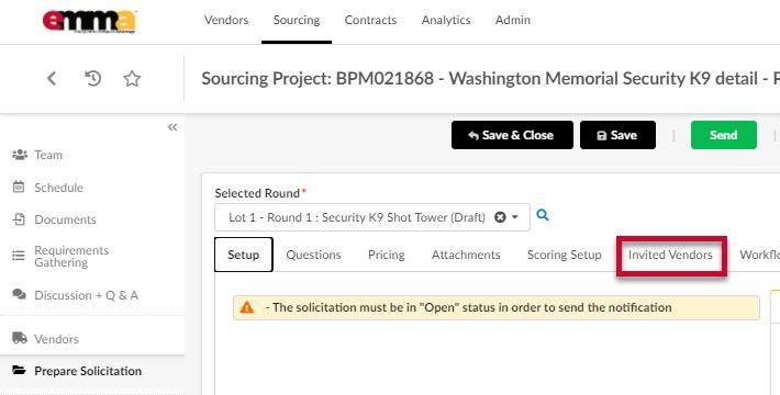 The Invited Vendors subtab on the Prepare Solicitation tab.