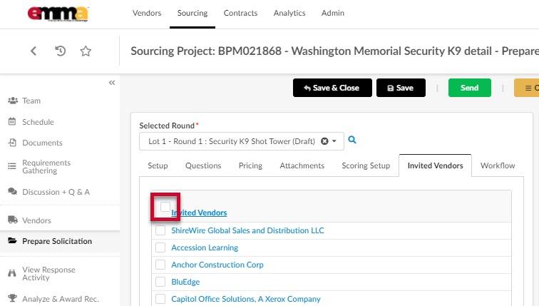 The checkbox at the top of the list of Vendors.