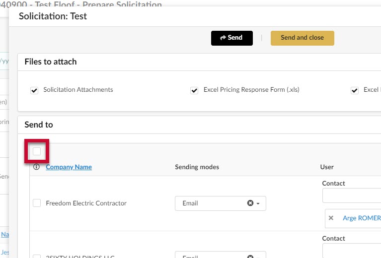 The checkbox at the top of the list of Vendors.